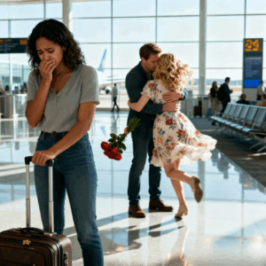 I came back from the trip a day early and saw my husband at the airport — he was picking up someone with flowers. a woman ran and jumped into his arms