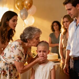 At the family gathering, I froze in shock when I saw my little granddaughter’s head completely shaved. My daughter-in-law brushed it off with a laugh, saying, “Relax, it’s just for fun.” I couldn’t bear it—I took my granddaughter home. My son later accused me of overreacting, but the next morning, his tone changed. He begged, “Please… let my wife explain