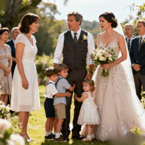 On my wedding day, a woman stormed in with three children, claiming she was my fiancé’s real wife… but when I turned to look at the groom, what I saw made my heart stop.