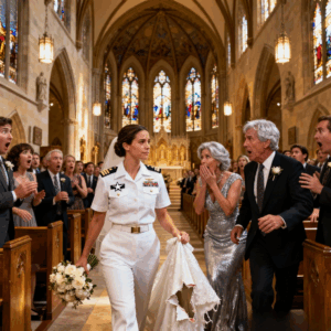 The night before my wedding, my parents cut my wedding dress in half—just to break me. “You deserve it,” my dad said. But when the chapel doors opened, they saw me standing there in a white Navy uniform with 2 stars. My brother shouted, “Holy hell… look at her ribbons!” Their faces went white.