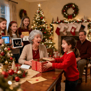 My mother-in-law gave her grandkids ipads, jewelry, and cash except my daughter. “Not really family,” she said. My husband said nothing. Then, my 7-year-old slid a box across the table and said, “Grandma, dad told me to give this to you if you ever ignored me again.” She opened it – and screamed.