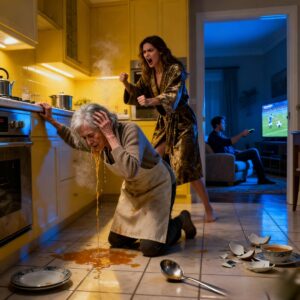 I WAS STIRRING THE SOUP WHEN MY DAUGHTER-IN-LAW SLAMMED THE LADLE ON MY HEAD. “WHO COOKS LIKE THAT, USELESS WOMAN?!” SHE YELLED. MY SON JUST TURNED UP THE TV, PRETENDING NOT TO HEAR. FIVE MINUTES LATER, A LOUD CRASH SHOOK THE KITCHEN. HE RAN IN-AND FROZE AT WHAT I’D DONE!