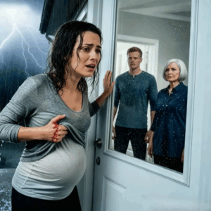My husband and his mother locked me out in the rain at night — while I was six months pregnant. They watched me through the glass as I was bleeding, before turning off the light. By midnight, I was back on that same porch — only this time, I wasn’t alone. As they opened the door, my husband’s face drained of color. His mother’s voice broke into a scream as the wine glass fell from her hand… because the man was
