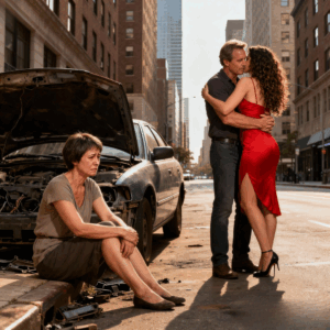 My car died right in front of a building. I sat on the sidewalk waiting for the tow truck when I saw my husband coming out embracing a familiar woman. It was our son’s girlfriend’s mother! I took a selfie with them in the background and posted in the family group: “Look who I found organizing the surprise engagement party!”