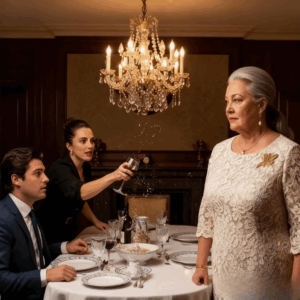 During dinner, my daughter-in-law threw a glass at my face when I refused to pour her more wine. She yelled, “Maids must obey!” The next morning, she woke up… and saw something that made her scream!