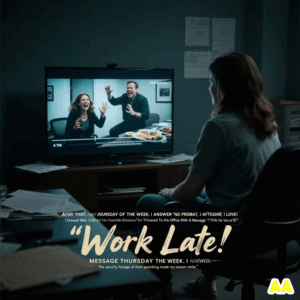 FIFTH “WORKING LATE” MESSAGE THIS WEEK. I REPLIED ” “NO PROBLEM, HONEY.” THEN I GOT DRESSED UP, ORDERED HIS FAVORITE DINNER FOR THREE PEOPLE AND HAD IT DELIVERED TO HIS OFFICE WITH A NOTE: “THOUGHT YOU AND VEDA MIGHT BE HUNGRY.” THE SECURITY FOOTAGE OF THEM PANICKING MADE MY LAWYER SMILE. 00