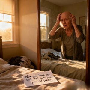 A 68-year-old American woman stood frozen in front of her bedroom mirror at dawn, trembling as she touched her bald head. Her expression was a mixture of shock, bewilderment, and disbelief. The soft morning light filled the room. On the bed behind her was a handwritten note: “Now you have the look that suits you, you old freak.” The room looked a little disarrayed, suggesting someone had spent the night.