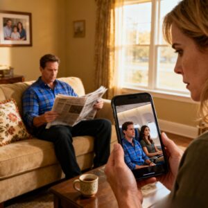 My sister, an airline pilot, called me. “I need to ask you something strange. Your husband… Is he home right now?” “Yes,” I replied, “he’s sitting in the living room.” Her voice dropped to a whisper. “That can’t be true. Because I’m watching him with another woman right now. They just boarded my flight to Paris.” just then, I heard the door open behind me.