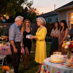 On my 73rd birthday, my husband brought a woman and two children and said in front of all our guests, “This is my second family. I’ve kept it a secret for 30 years.” My two daughters froze, unable to believe what was happening in front of their eyes. But I just calmly smiled as if I had known all along, handed him a small box, and said, “I already knew. This is for you.” His hands began to tremble as he opened the lid.