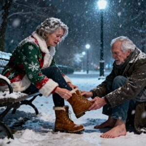 My husband replaced me with a younger woman on Christmas eve. I sat on a bench, shivering in the snow. When I saw a barefoot man turning blue, I took off my winter boots and gave them to him. Two hours later, 17 black SUVS surrounded me. The man stepped out and simply said something that…