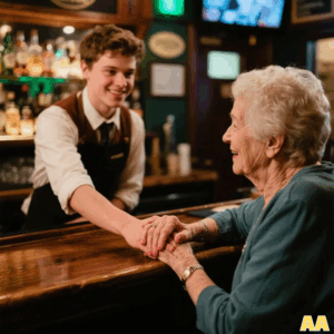 I CAME TO VISIT MY SON AND HE TOOK ΜΕ ΤO A LOCAL PUB. WHEN MY SON LEFT, THE BARTENDER GRABBED MY ARM AND SAID SOMETHING SHOCKING. I LEFT THROUGH THE BACK DOOR AND STARTED FOLLOWING HIM. FIVE MINUTES LATER…
