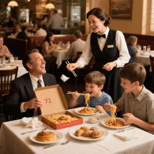 YOUR KIDS CAN EAT WHEN THEY GET HOME,” MY DAD SAID, TOSSING THEM NAPKINS AS MY SISTER’S SONS UNWRAPPED $72 PASTA AND CAKE BOXES. HER HUSBAND CHUCKLED, “NEXT TIME, FEED THEM FIRST.” I JUST SAID, “GOT IT.” WHEN THE WAITER CAME BACK, I STOOD UP AND SAID…