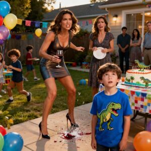 AT THE BIRTHDAY PARTY, MY SON SHOWED UP WITH A BRUISE UNDER HIS EYE. MY SISTER’S SON SMIRKED AND SAID, “I JUST TAUGHT HIM A LESSON MY PARENTS SAY I’M NEVER WRONG ANYWAY.” EVERYONE LAUGHED IT OFF. BUT THEN MY SON QUIETLY SAID SOMETHING… AND THE WHOLE TABLE FELL SILENT MY SISTER DROPPED THE GLASS IN HER HAND.