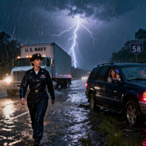 After a long day on supply duty, I was driving back to Norfolk Base when I saw a family stranded in the storm. I stopped, hooked their car, and towed them out, no charge. The father just asked my name. Two weeks later, my commander called me in. The man sitting there in a four-star uniform