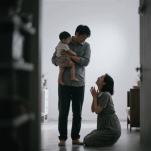 Husband betrayed by wife, leaves with kids, she kneels weeping in remorse