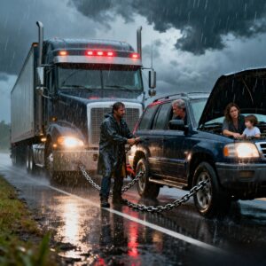 I was a tired truck driver in a storm when I stopped to help a stranded family. I towed their car for free. The father just shook my hand. Two weeks later, my boss called me to the office, the same man was sitting there.