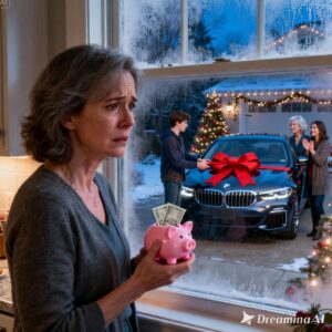 My son gave his mother-in-law a $60k BMW for Christmas. My gift? A piggy bank with $3 inside. I just smiled and went home. The next morning, I left them a Christmas gift on their doorstep that made his wife scream non-stop.