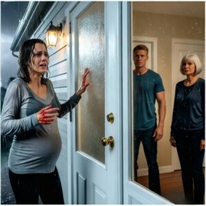 My husband and his mother locked me out in the rain at night—while I was six months pregnant. They watched me through the glass while I was bleeding before turning off the light. By midnight, I was back on that same porch—only this time, I wasn’t alone. As they opened the door, my husband’s face drained of color. His mother’s voice broke into a scream as the wine glass fell from her hand. Because the man was…