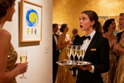 I WAS SERVING CHAMPAGNE AT A GALLERY WHEN I SAW IT. A PAINTING I MADE WHEN I WAS 6. PRICE TAG: $150,000. ‘SIR, THAT PAINTING IS MINE,’ I SAID. ‘IMPOSSIBLE, THE GALLERY OWNER LAUGHED. HE CALLED SECURITY TO KICK ME OUT. BUT HE FORGOT TO CHECK THE SECRET MESSAGE ON THE BACK OF THE CANVAS.