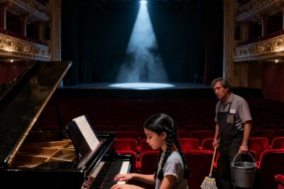 I WAS A JANITOR AT A THEATER. ONE NIGHT, I FOUND A 9-YEAR-OLD BLIND GIRL ON STAGE, TOUCHING THE PIANO KEYS. I SHOULD HAVE SENT HER AWAY. INSTEAD, I TAUGHT HER TO PLAY. FOR 4 MONTHS WE MET IN SECRET. THEN HER MOTHER FOUND US. “WHO ARE YOU?” SHE DEMANDED. “THE JANITOR. I’VE BEEN TEACHING YOUR DAUGHTER.” I WENT PALE WHEN I REALIZED WHO SHE WAS.