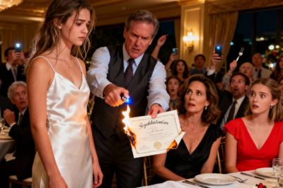 At my graduation dinner, my parents demanded I give up my inheritance to my sister. I refused. “You don’t deserve grandpa’s money,” dad said, watching my diploma burn. I smiled and left. At the lawyer’s office next week, they discovered… why I’d been so calm…