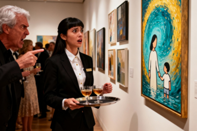 I was serving champagne at a gallery when I saw it. A painting I made when I was six. Price tag: $150,000. “Sir, that painting is mine,” I said. “Impossible,” the gallery owner laughed. He called security to kick me out. But he forgot to check the secret message on the back of the canvas. Erin Perry.