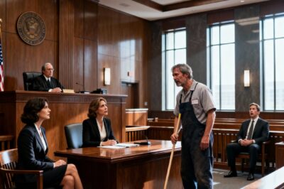 I’VE BEEN A JANITOR AT COURTHOUSE FOR 20 YEARS. WHEN A BILLIONAIRE’S LAWYER ABANDONED HER MID-TRIAL SHE HAD 1 HOUR TO FIND A LAWYER. “I WILL DEFEND HER.” HER EX LAUGHED. HIS LAWYER SMIRKED. JUDGE: “YOU’RE A JANITOR?” “YES. AND I’LL DEFEND HER.” D