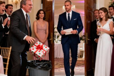 “She’s just here to beg!” my dad yelled, before throwing my gift box into the trash at my sister’s bridal shower. “We don’t need pity money!” everyone laughed. I calmly said, “open the card before you choke on your cake.” my husband walked in seconds later-and the check inside made their knees buckle.