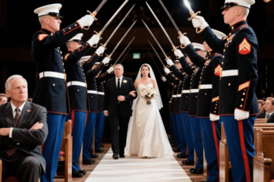 MY DAD REFUSED TO WALK ME DOWN THE AISLE, DEMANDED $10,000 TO DO SO. I REFUSED. HE SAT IN THE FRONT ROW WITH ARMS CROSSED, WAITING FOR ME TO BE HUMILIATED WALKING ALONE. SUDDENLY, 50 U.S. MARINES IN DRESS BLUES STOOD UP AND FORMED AN ARCH OF SWORDS FOR ME TO WALK THROUGH. DAD LOOKED AROUND IN PANIC. HE DIDN’T KNOW…