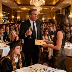 At my daughter’s graduation, my husband announced, ‘I’ve decided to start a new life without you.’ his girlfriend was sitting with our friends. Everyone went quiet. I smiled and said, ‘congratulations on your honesty.’ before leaving, I handed him an envelope. When he opened it, he started screaming…