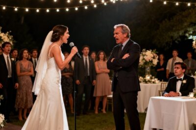 At my wedding, my dad announced into the microphone: “This boy is an idiot, but my daughter insisted on marrying him anyway.” Everyone laughed. My husband went pale. My legs were shaking. Then I stood up and took the mic… What I revealed made both families freeze.