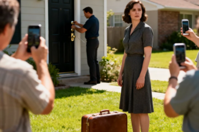 MY HUSBAND THREW MY SUITCASE ON THE LAWN AND CHANGED THE LOCKS WHILE HIS GIRLFRIEND WATCHED FROM OUR BEDROOM WINDOW. NEIGHBORS FILMED EVERYTHING. I DIDN’T CRY. I CALLED ONE NUMBER. A MAN SHOWED UP IN 20 MINUTES. MY HUSBAND CAME OUTSIDE, YELLING. THE MAN SHOWED HIM PAPERS. MY HUSBAND’S FACE WENT WHITE. HE LOOKED AT THE HOUSE. THEN AT ME. REAL STORY