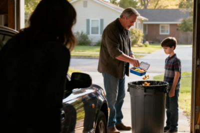 MY SON’S TEACHER CALLED: “YOUR BOY HASN’T EATEN LUNCH IN WEEKS.” I PACK HIS FOOD DAILY. I RUSHED HOME EARLY AND HID IN THE GARAGE. MY FATHER-IN-LAW ARRIVED, OPENED MY SON’S LUNCHBOX-AND THREW EVERYTHING IN THE TRASH. THEN HE GAVE HIM ANOTHER LUNCHBOX AND LEFT. I CHECKED HIS LUNCHBOX. I FROZE. WHAT I FOUND INSIDE MADE MY BLOOD RUN COLD.
