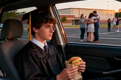 I ATE ALONE IN MY CAR AFTER GRADUATION, WHILE FAMILIES HUGGED AND POSED FOR PICTURES INSIDE THE GYM. MY PARENTS NEVER CAME. NO CALLS, NO PHOTOS, NOT EVEN AN EXCUSE. BUT JUST AS I BIT INTO MY BURGER, SOMEONE KNOCKED ON MY WINDOW – AND…. EVERYTHING CHANGED AFTER THAT