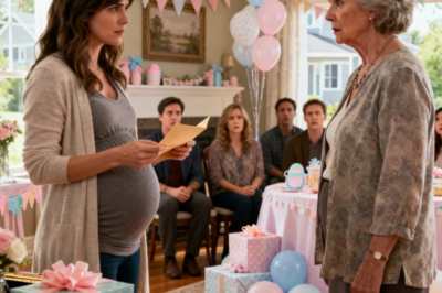 MY MOTHER-IN-LAW HANDED ME AN ENVELOPE AT MY BABY SHOWER, ANNOUNCED: “A LIST OF 47 REASONS MY SON SHOULD DIVORCE YOU.” MY HUSBAND LAUGHED. THE ROOM LAUGHED. BUT I DIDN’T. I OPENED THE ENVELOPE, READ #23 OUT LOUD, AND WATCHED HER FACE DRAIN OF COLOR. THAT NIGHT, SHE WAS BLOCKED BY EVERY FAMILY MEMBER.