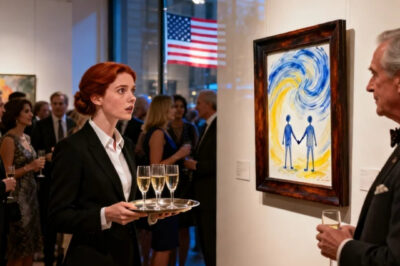 I was serving champagne at a gallery when I saw it. A painting I made when I was 6. Price tag: $150,000. ‘Sir, that painting is mine,’ I said. ‘Impossible,’ the gallery owner laughed. He called security to kick me out. But he forgot to check the secret message on the back of the canvas.