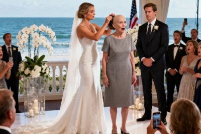 My daughter-in-law ripped my wife’s wig off at my son’s wedding, revealing marks from months of treatment as some guests laughed. I stepped onto the stage, covered my wife with my jacket, and opened the wedding envelope. When she saw the documents inside, her smile suddenly disappeared.