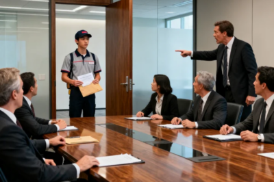 HOLD THE ELEVATOR, DELIVERY BOY!” THE VP SHOUTED. I LET THE DOORS CLOSE. HE RAN UP 20 FLIGHTS. BREATHLESS, HE STORMED INTO THE BOARDROOM SCREAMING, “FIRE THAT DELIVERY GUY!” THE CHAIRMAN LOOKED AT HIM. “THAT ‘DELIVERY GUY’ JUST BOUGHT 51% OF OUR STOCK. HE IS YOUR NEW CHAIRMAN