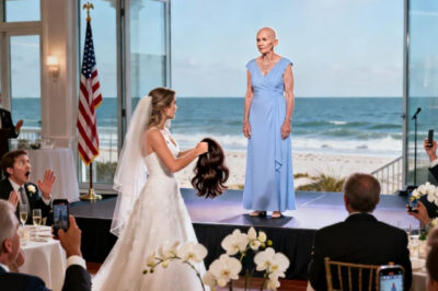My daughter-in-law ripped my wife’s wig off at my son’s wedding, revealing marks from months of treatment as some guests laughed. I stepped onto the stage, covered my wife with my jacket, and opened the wedding envelope… When she saw the documents inside, her smile suddenly…
