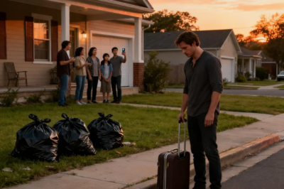 I CAME HOME FROM WORK TO FIND MY STUFF IN GARBAGE BAGS ON THE LAWN. MY MOM AND SISTERS STOOD THERE LAUGHING. “FREELOADER. YOU’RE 30 AND USELESS TO THIS HOUSE.” MY SISTER PULLED OUT HER PHONE AND STARTED LIVESTREAMING ME WITH THE CAPTION, “30-YEAR-OLD LOSER.” MY DAD THREW TWO DOLLARS ON THE GROUND. “GET OUT. AND DON’T EVER COME BACK.” I SAID NOTHING AND TOOK THE BUS OUT OF TOWN. ONE YEAR LATER…